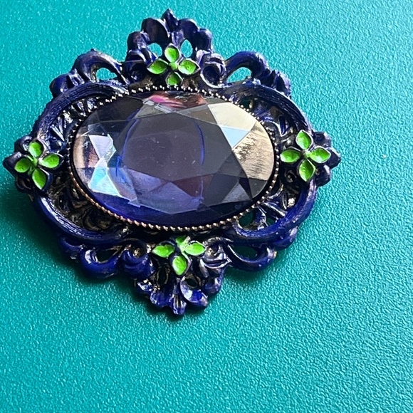 Victorian Blue Stone & Floral Brooch - Blue Rhinestone Flower Pin - Valentine - Picture 5 of 8